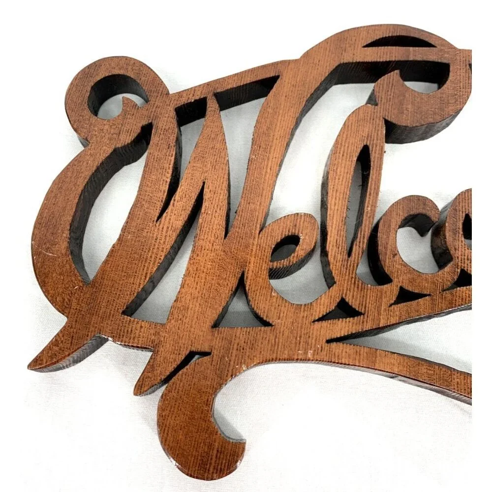 Welcome Sign Cut Wood Script Lettering Brown Wall Decor Handcrafted 13